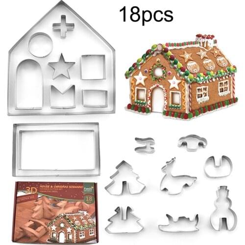 18pcs Stainless Steel Christmas House Cookie Cutter Kit Cake Bread Mold Biscuit Pastry DIY Baking Tool Party Kitchen Supplies