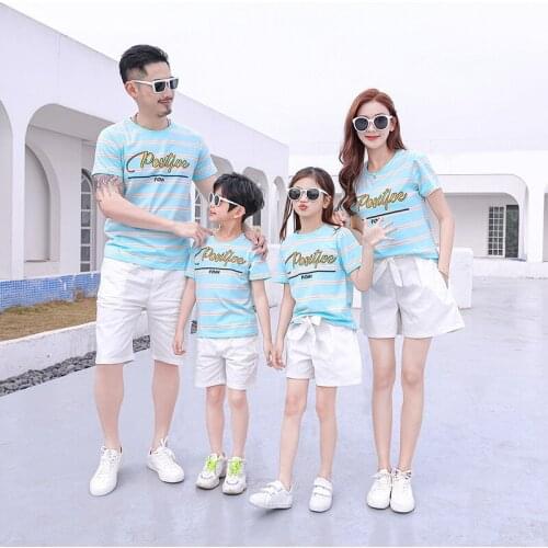 Summer Family Matching Outfits Dad Son Mom Girl Sets Blue Stripe Short Sleeve T-shirt+White Shorts 2PCS 100%Cotton Suits Clothes