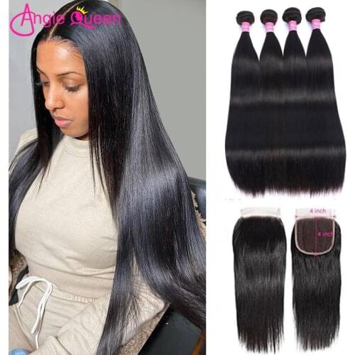 ANGIE QUEEN Straight Hair Bundles With Lace Closure (4+1) Brazilian Hair 100% Human Remy Hair Extensions 4 Bundles with Closure