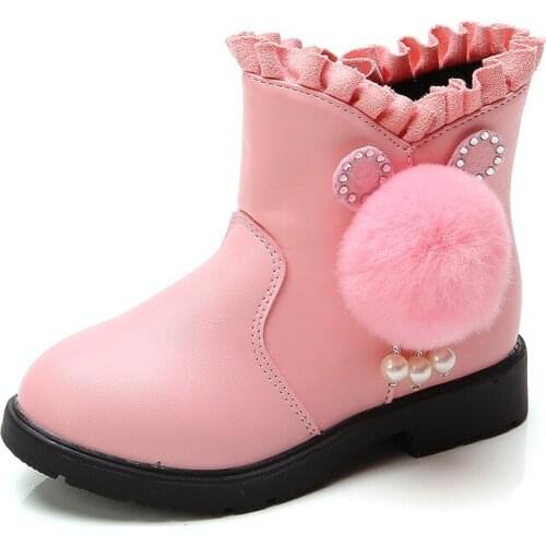 Girls Boots Winter Plush Velvet Princess Shoes Boots Children Snow Boots Fashion Warming Cotton Shoes Waterproof with Ball