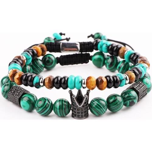 New Design Men Bracelet Set CZ Crown Natural Stone Braided Adjustable Macrame Bracelet Men