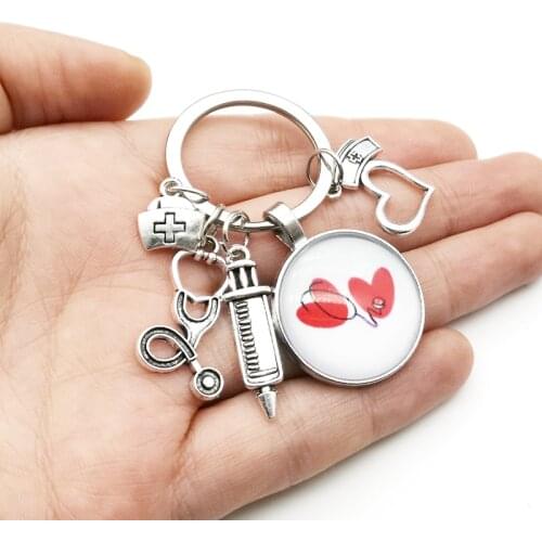 New fashion creative nurse medical syringe stethoscope image keychain glass cabochon and glass dome key ring pendant gift