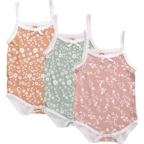Citgeett Summer Infant Camisole Romper Floral Print Bow Decoration Bottom Buckle Sleeveless Cool Lace Clothing