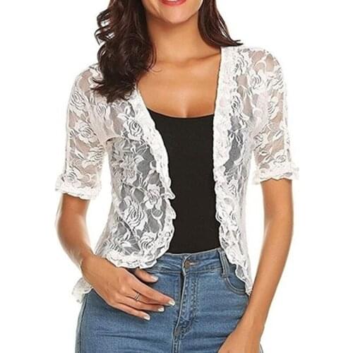 Women Short Sleeve Lace Shrug Perspective Shawl Fashion Hollow Out Lace Women Summer Coats Jackets Feminino