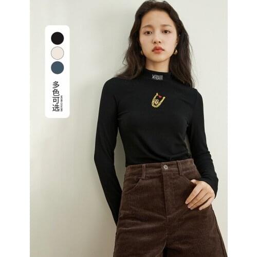 INMAN Autumn Winter women T-shirt Half High Collar Design Fashion Fun Embroidery Simple Slim Casual Long Sleeve Top