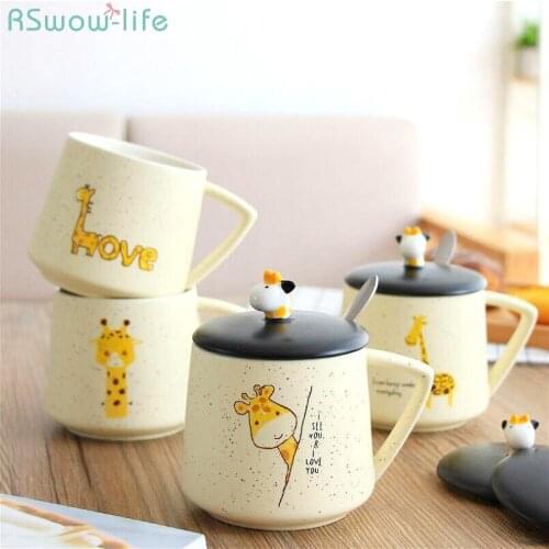 Cute Giraffe Water Cups Ceramic Creative Cartoon Mug With Lid Spoon Fresh And Simple Office Couples Coffee Cup Travel Home Lovly