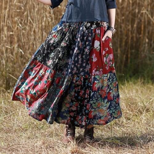 Summer Womens Skirt Bohemian Style Print Skirt Chinese Style Elastic Waist Patchwork Skirt Long Skirts