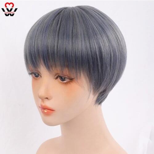 MANWEI Gray blue Mens Wigs Short Straight With Bangs Synthetic Wig for Women Male Boy Cosplay Anime Party Daily Wig