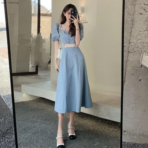 2021 New Dress Summer Sweet and Fresh Waist Waist Fashion Puff Sleeves Gentle and Thin Slim Temperament Mid-length Skirt