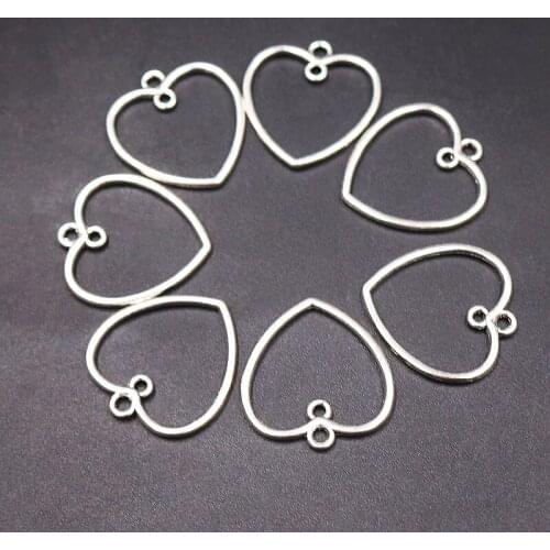 30pcs Silver Plated Hollow Double Hole Heart Pendant DIY Charms Retro Earrings Jewelry Crafts Metal Accessories P677