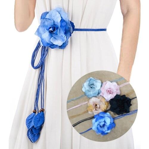 Hot Casual Wild Chiffon Big Flower Ladies Thin Belt Sweet Tassel Braid Decoration Elegant Handmade Flower Fine Womens Dress Belt