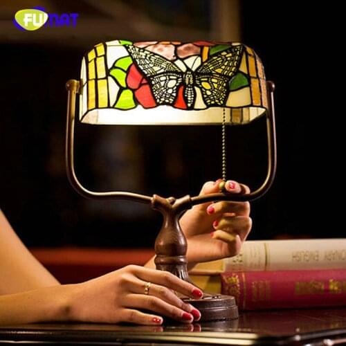 FUMAT Dragonfly Table Lamp Flower Stained Glass E27 LED Bedroom Bedside Table Lamps Bank Tiffany-Style Home Art Deco Desk Light