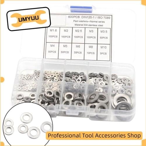 UMYUU 600Pcs O Ring Steel Flat metal Washer M1.6 M2 M2.5 M3 M3.5 M4 M5 M6 M8 M10 Plain silver Washer Gaskets Assortment Kit