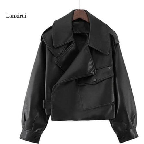 Faux Leather Jackets Women Turndown Collar Biker Coat PU Motorcycle Jacket for Women Loose Streetwear Fashion Coat Abrigos Mujer