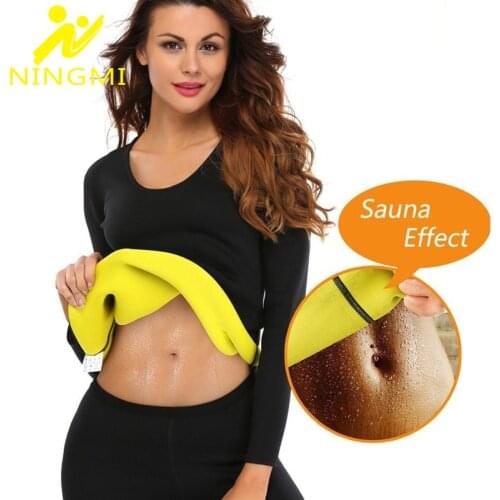 NINGMI Women Slimming Sauna Shirt Body Shaperwear Blouse Long Sleeve Waist Trainer Neoprene Fitness Top Body Shaper Weight Loss