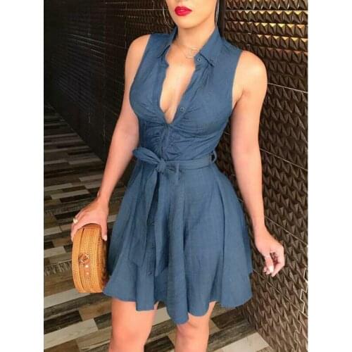 2021 Summer Fashion Womens Sleeveless Denim Deep V Neck Dress Sashes Empire Short Mini Dresses Sexy Bodycon Club Wear Vestido