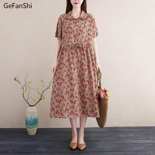 Fashion Print Floral Women Summer Dress 2021 Casual Loose Short Sleeve Drawstring Cotton Linen Elegant Lady Dresses Vestidos