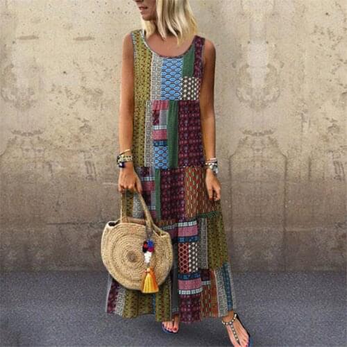 2021 Summer Boho Flower Printing Dress Sleeves Long Vestidos Beach Dress Bohemia Maxi Dresses Large Sizes Dress Ladies Robe