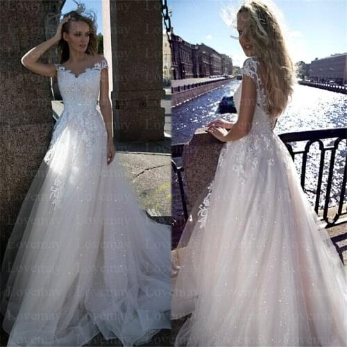 Bling Bling Glitter Wedding Dresses 2021 Cap Sleeves A Line Lace Appliques Sparkling Bridal Gown Vestidos De Novia Bride Dresses