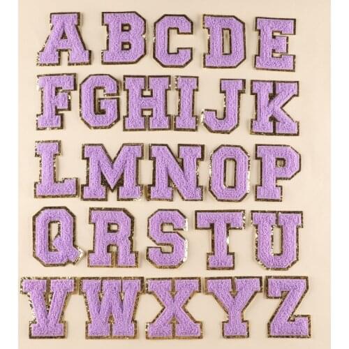 1Pcs Purple English Letter Patch Violet Chenille Gold Sequins Embroidery Patches Alphabet Iron On Patches For Clothing/Bags 80MM