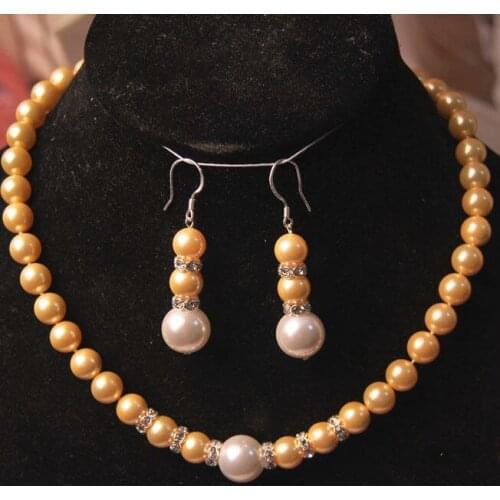 8-12MM Yellow Round Sea Shell Pearl Necklace Earrngs Set Fashion Beads Jewelry Set Natural Stone Christmas gifts (Min Order 1)