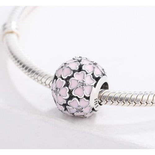 925 Sterling Silver Pink Daisy Flower Beaded Heart-Shaped Pendant Charm Bracelet DIY Jewelry Making For Original Pandora