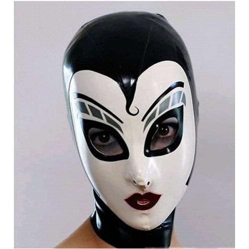 White Black Latex Mask Hood Sexy Rubber Hood with Back Zip Hand-made Fetish Headgear with Eyes Holes Spoof Halloween Props
