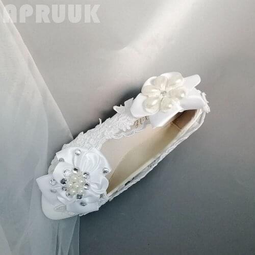 White flower ivory pearls flats shoes woman plus size 41 42 ladies lace crystal party brides wedding flats shoes