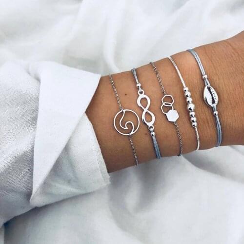 Bohemian Shell Bead Bracelet Women Silver Color Vintage Digital Square Rope Chain Charm Bracelet Set Female Fashion Jewelry Gift