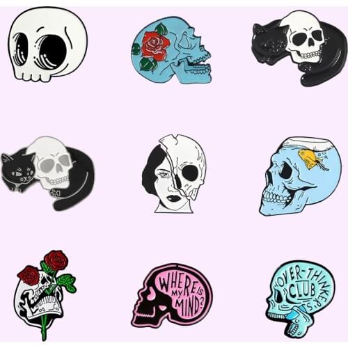 Punk Gothic Skull Series Enamel Pins Cat Rose Skeleton Brooches Halloween Badge Lapel Pin Jewelry Gift for Friends Wholesale