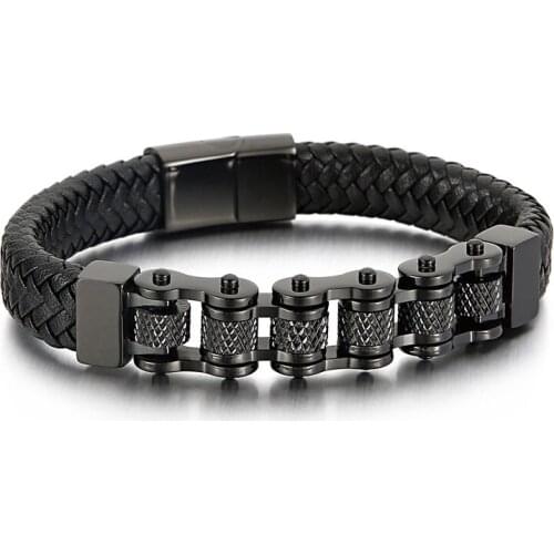 Jewels Store Bicycle Chain Bracelet Mens Woven Leather Wrapped Charm Fashion Bracelet 21.5cm Jewelry For Man JS132422-KFC