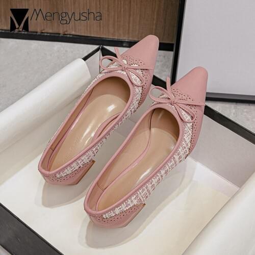 Elegant ladies bowtie pumps pointy leather patchwork OL shoes woman sequined cloth knitted med high heels shoes carved talon