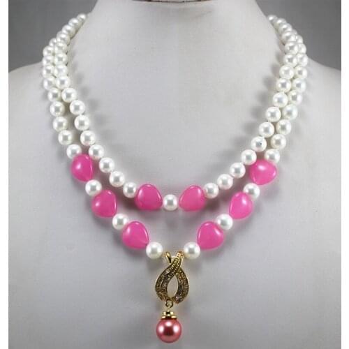 Perfect match 2 rows 8mm white shell pearl mixed red heart stone necklace with 14mm designed pink shell pearl pendant necklace