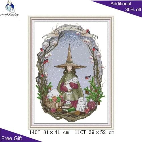 Joy Sunday Winter Of Magic World RA344 14CT 11CT Counted and Stamped Christmas Wizard And Cat Home Decor Cross Stitch kits