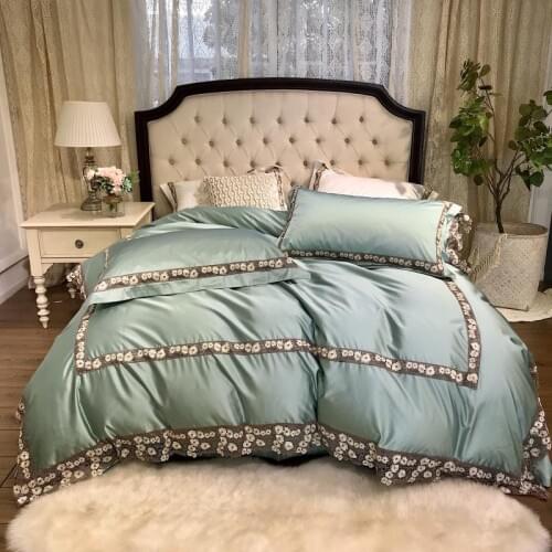 Green Lace Edge Floral Duvet cover set Princess style Bedding Soft Tencel silk King Queen 4pcs size Bed sheet set