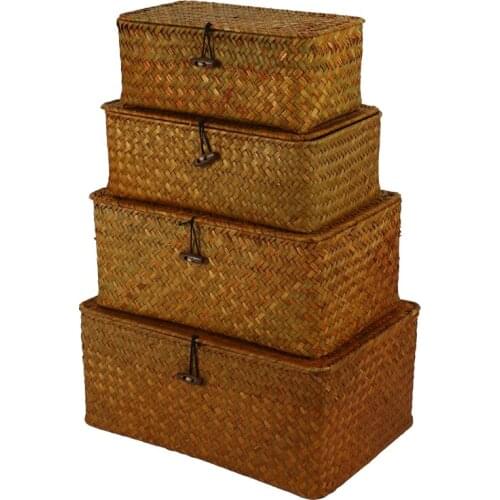 Seagrass Storage Baskets with Lids, Woven Rectangular Basket Bins, Wicker Storage Organizer for Shelf, Set of 4