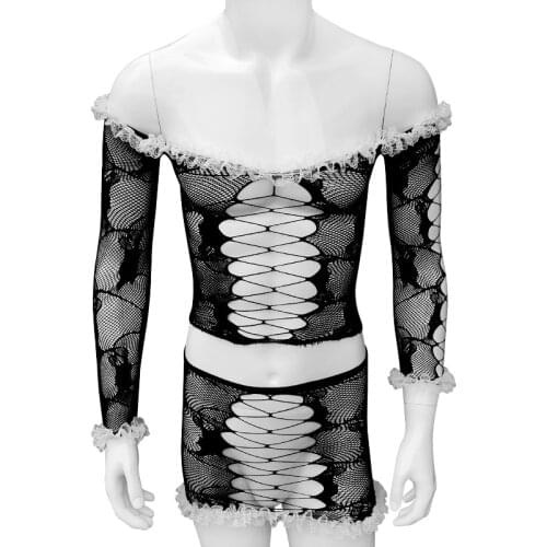 Ruffles Lace Sissy Mens Bodystocking Underwear Sexy Lingerie Bodydoll Mesh Hollow Out Skirts Bodysuit Crossdressers Sleepwear