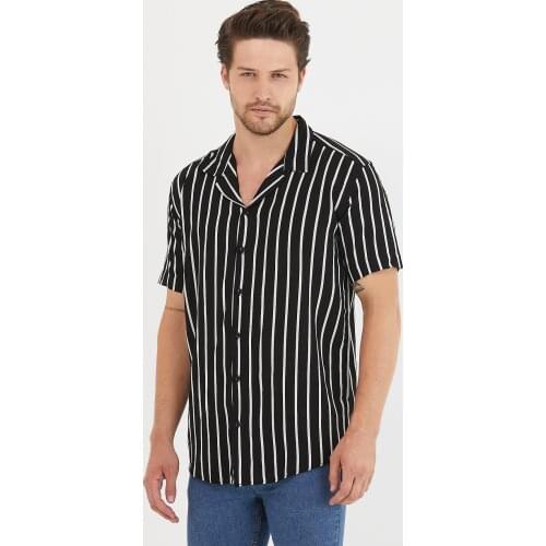 Gavazzi Black/White Pattern/striped Male Draped Regular Fit V-Collar Short-Sleeved Summer Shirt Turkey"