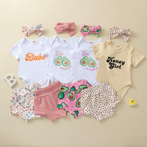 3 Pcs Newborn Baby Girls Summer Outfits Letter Print Short Sleeve O Neck Romper Print Shorts Headband Infant Toddler Sets 0-24M