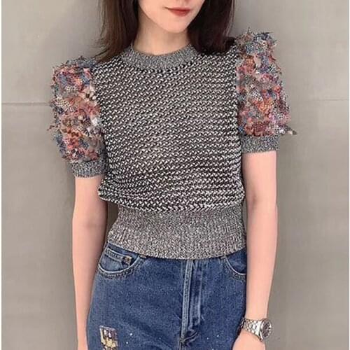 Fashion Top Pullover Slim Short Knitted Sweater Hollow Puff Sleeve Short Top Knitted Twist Hollow Sweater Trendy Brand T-Shirt