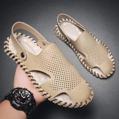 Mens shoes large sizes leather sandals split genuine handmade hiking outdoor beach 2019 close toe slippers rubber online walking