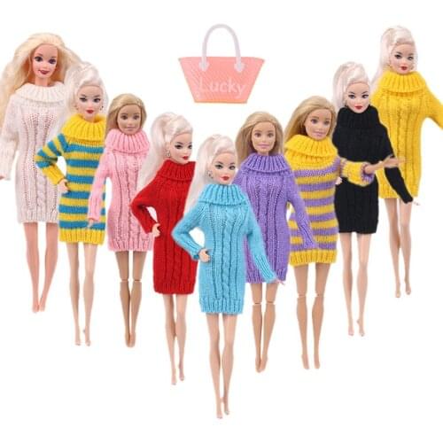 Doll Clothes For Barbies Stripes&Solid Color Snug Sweaters Party Wear Doll Outfit Clothes & Handbag Accessories Girls Toy Gift