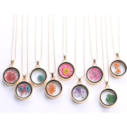Popular Dried Flower Choker Necklaces Korean Womens Long Gold Beads Chain Colorful Round Pendant Jewelry For Girls wholesale