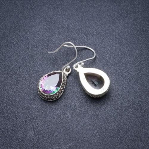 Natural Mystical Topaz Antique Design Handmade Unique 925 Sterling Silver Earrings 1 1/4" Y2172