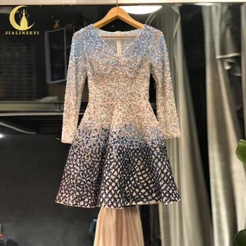 Rhine real Pictures Elie Saab V Neck Long Sleeves Beads Crystal Knee Length Party formal dress evening dresses long
