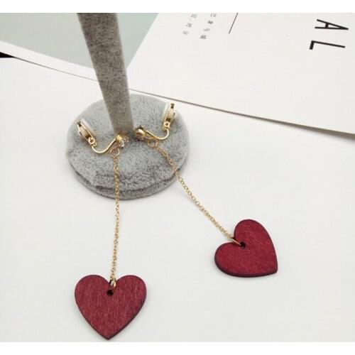 Grace Jun Korea Style Rhinestone Vintage Red Wood Shape Clip on Earrings Without Piercing for Women Party Charm Long Earrings