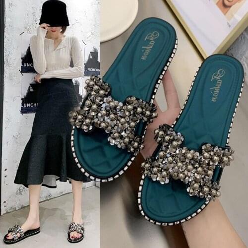 Womens Slippers for Summer Wear Fashion All-match Beaded Flip Flops Seaside Beach Casual Slippers