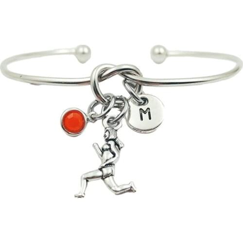 Runner Sport Retro Creative Initial Letter Monogram Birthstone Adjustable Bracelet Fashion Jewelry Women Gift Pendant
