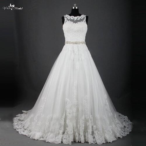 RSW869 Wedding Dresses Vestido De Noiva Modest A-line Sheer Appliqued Lace Beaded Belt Backless Wedding Dress 2015