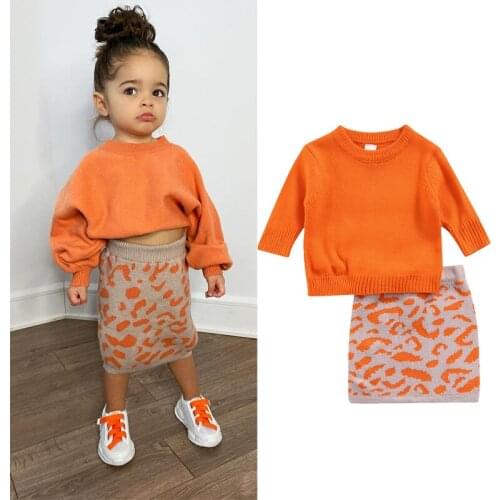 FOCUSNORM Lovely Kids Girls Autumn Clothes Sets 1-6Y Long Sleeve Knitting Pullover Sweater Tops Leopard Printed Skirts 2pcs